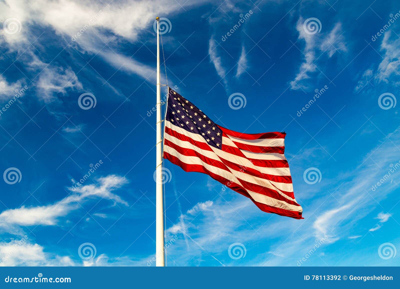 US Flag Flying at HalfStaff Stock Photo Image of blue, staff 78113392