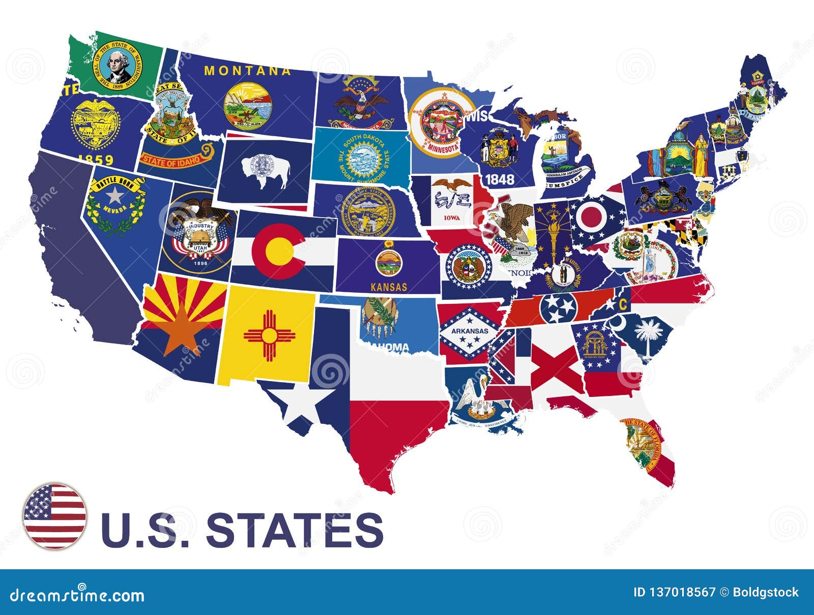 US Map with Flags of States Editorial Photography - Illustration of ...