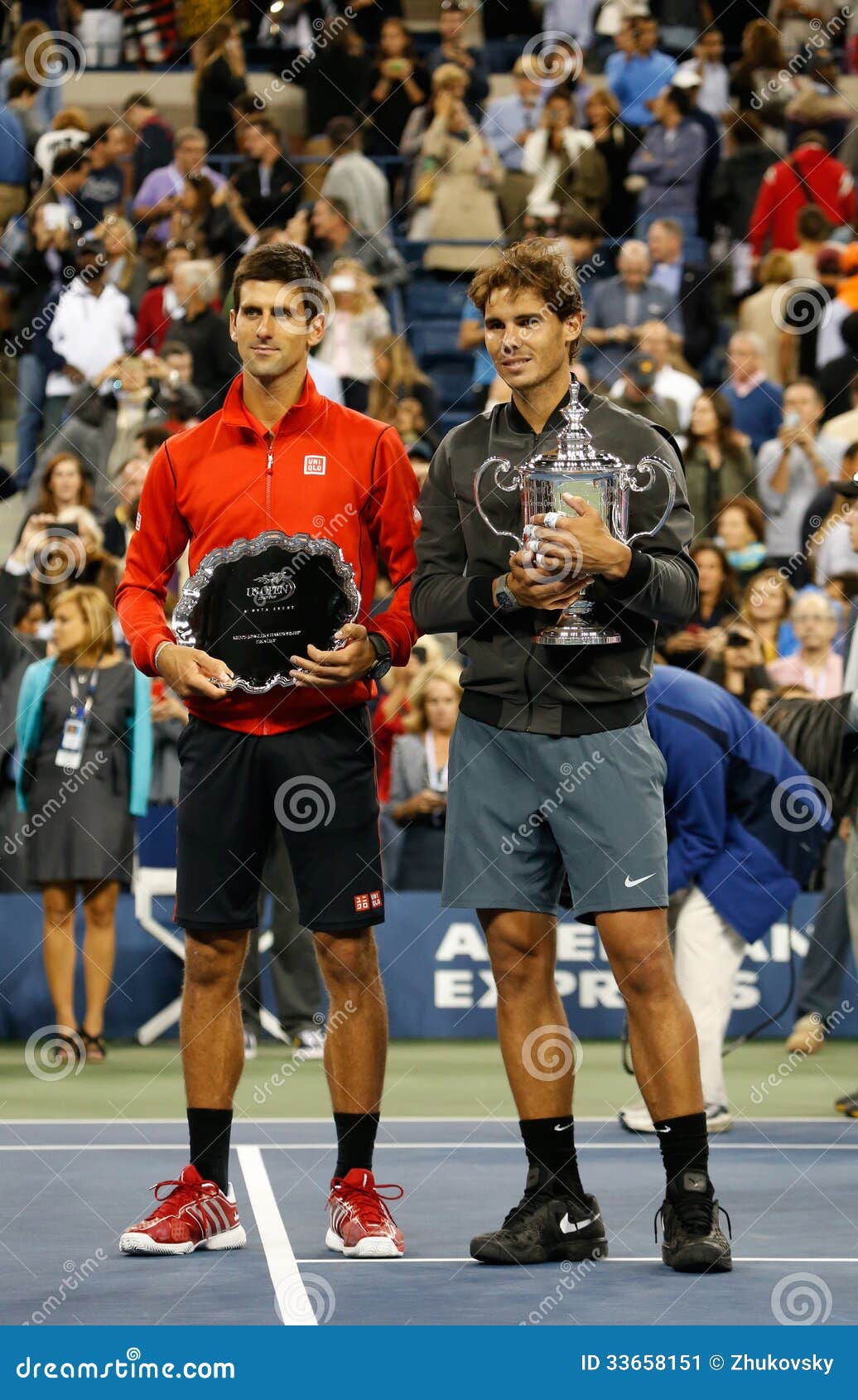 Open 2013 Champion Rafael Nadal and Finalist Djokovic during Trophy Presentation after Final Match Editorial Photo - Image of practice, flushing: 33658151