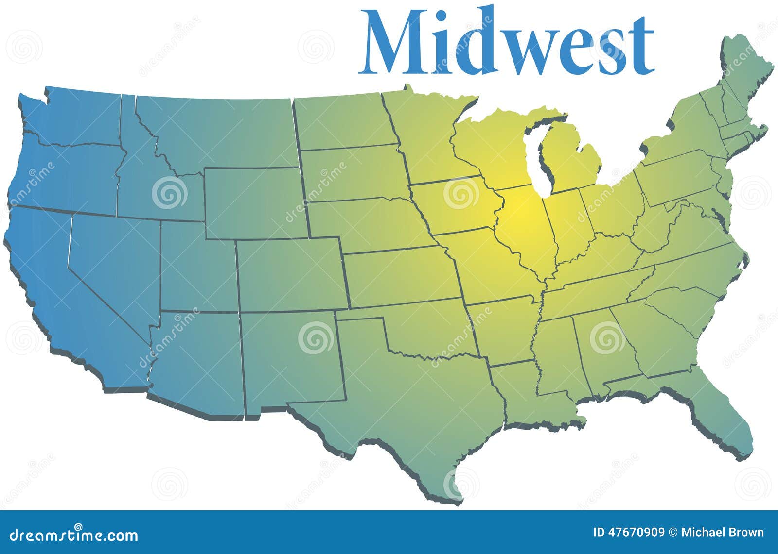 us states regional midwest map sunny spotlight shines midwestern region 47670909