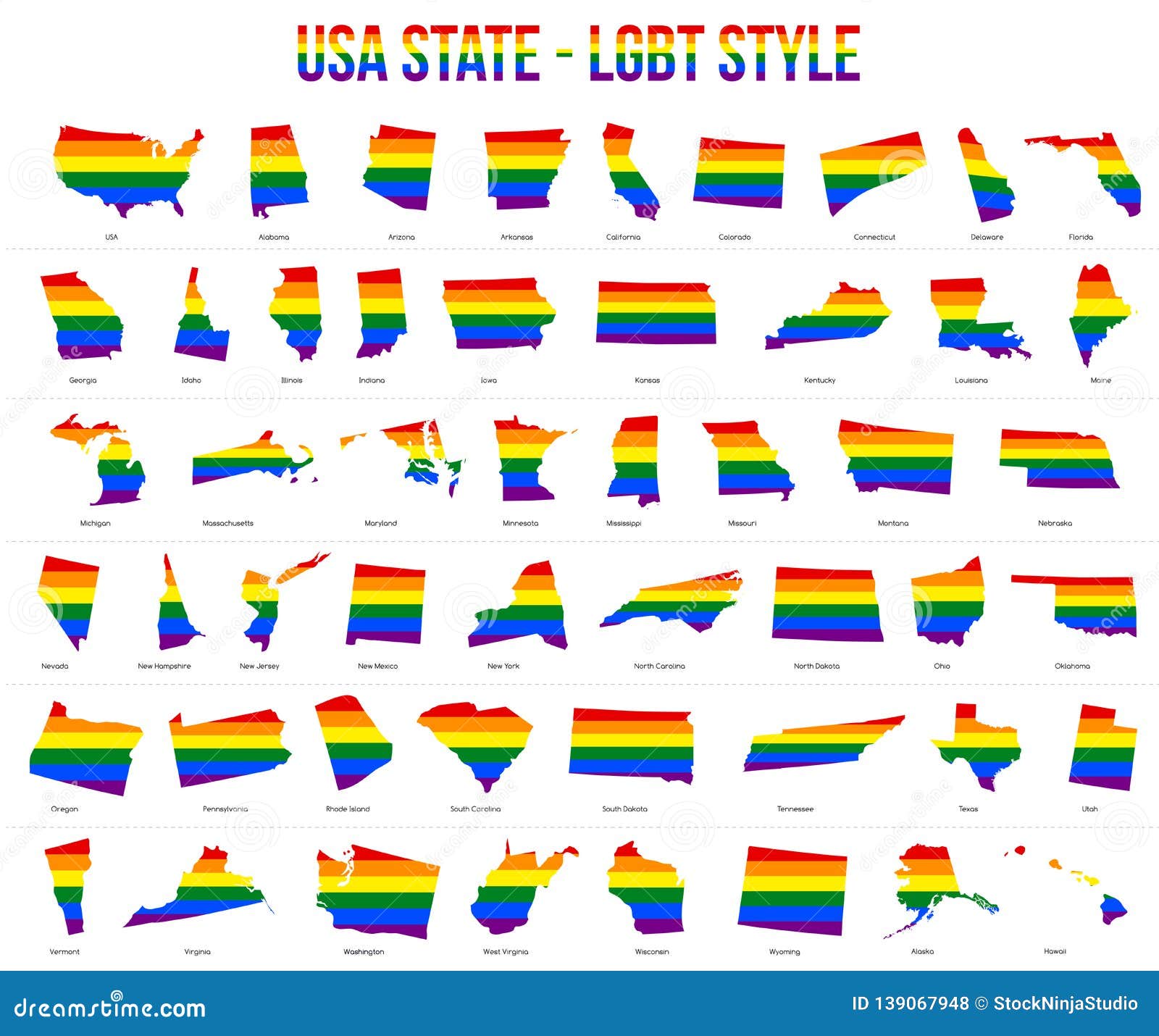 Usa All State Map In Lgbt Rainbow Flag Comprised Six Stripes With Meaning To Each Of The Colors Stock Vector Illustration Of Homosexual Community