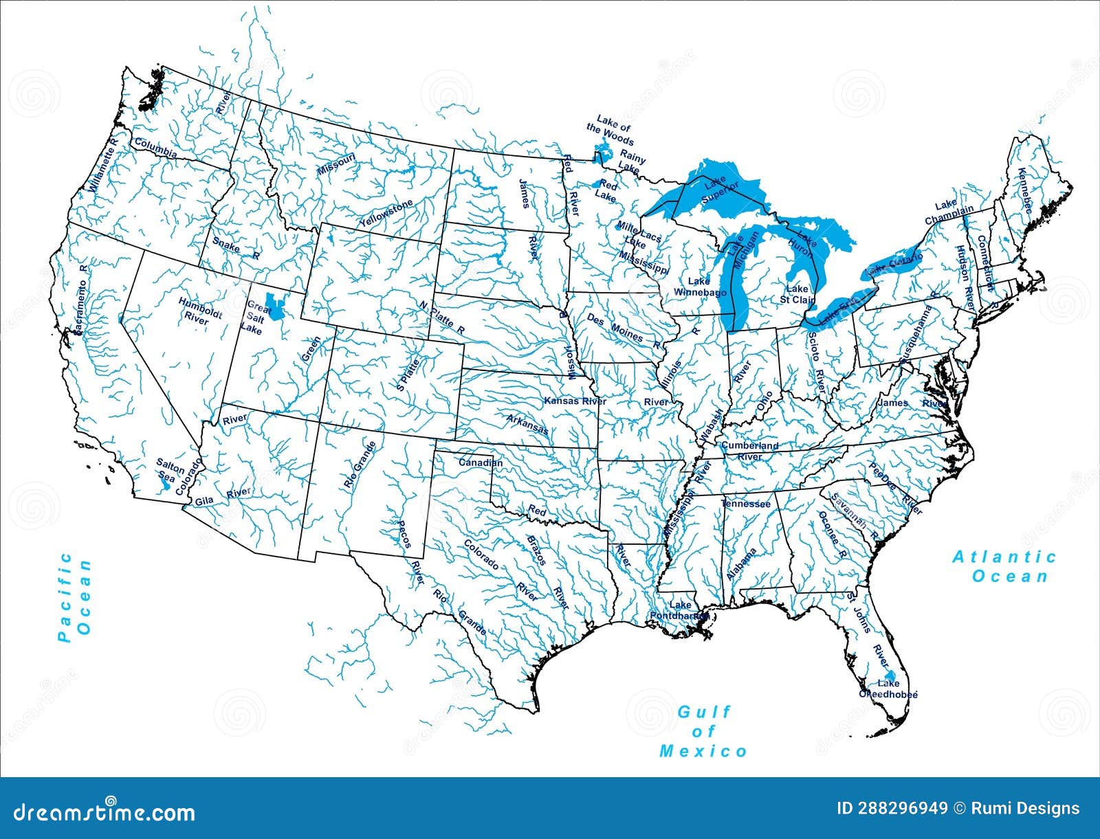 USA America River Lakes Water Bodies Map Stock Illustration