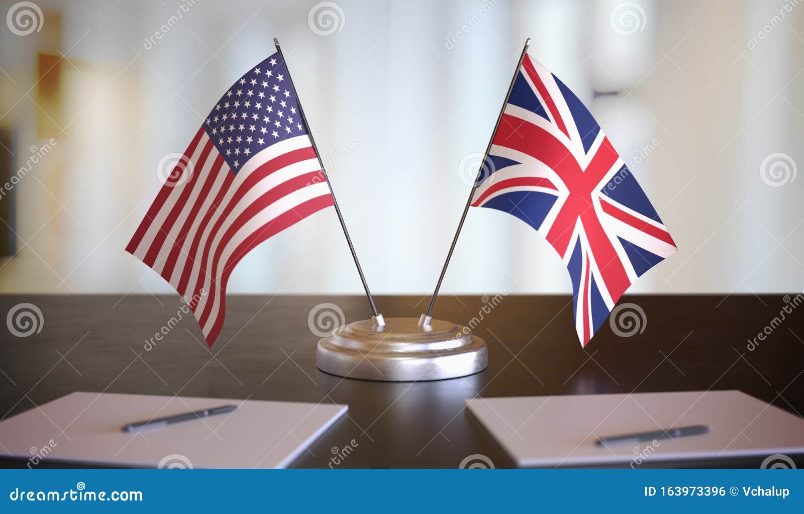 usa and british flags on table. negotiation between united kingdom and united states. 3d rendered .