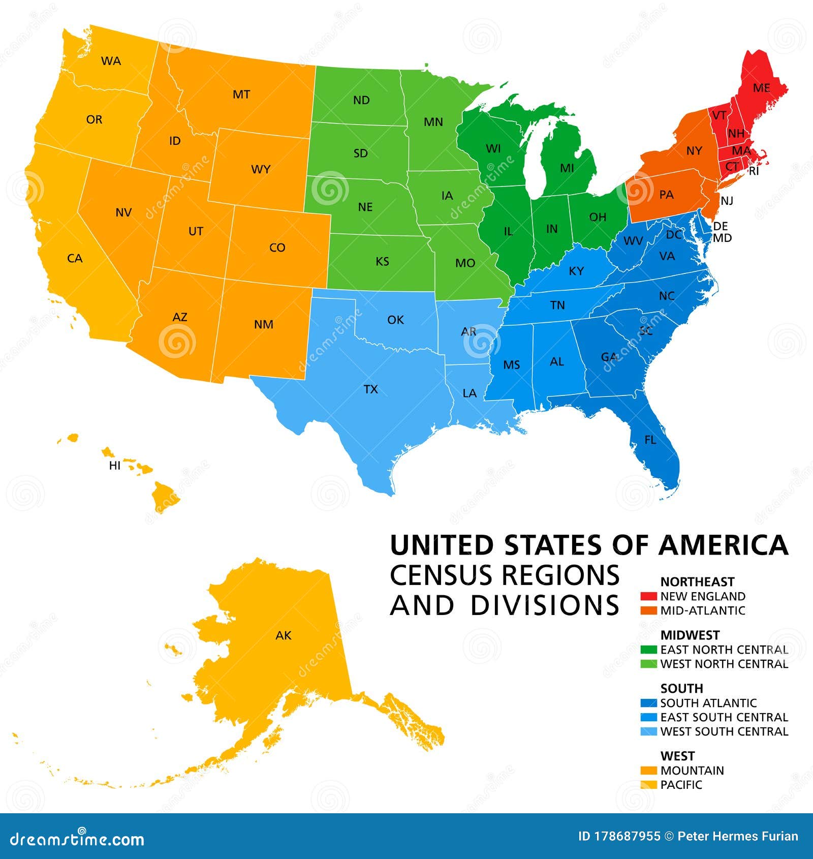 united states, census regions and divisions, political map