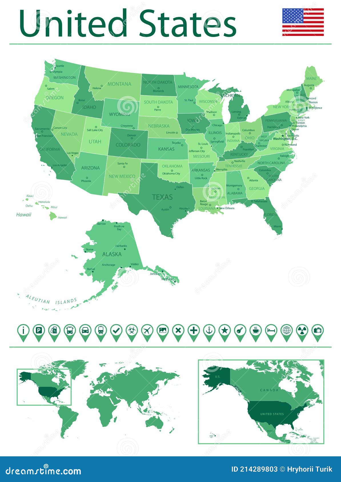 USA Detailed Map and Flag. USA on World Map Stock Vector - Illustration