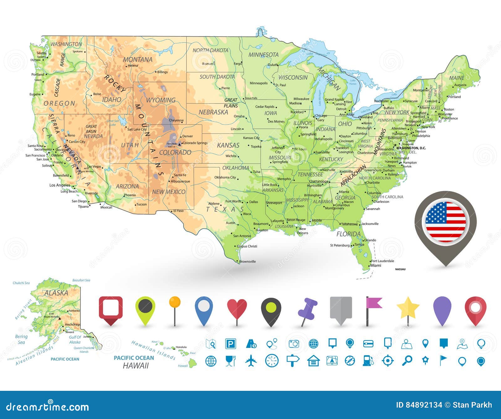 usa detailed physical map and navigation icons