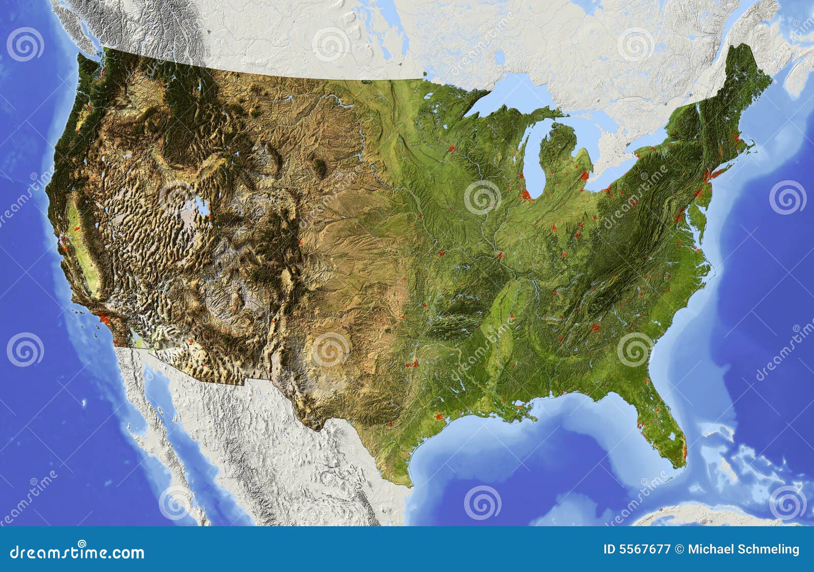 USA, Entlastungskarte. USA. Schattierte Entlastungskarte der Koinzidenz-USA. Umgebende Gegend heraus greyed. Gefärbt entsprechend Erhebung und dominierender Vegetation. Enthält Klipppfad für den Zustandbereich.