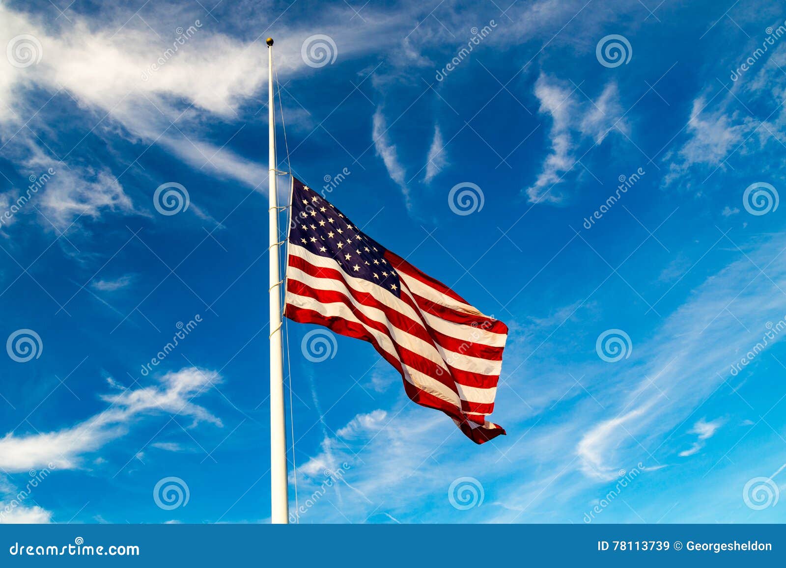 USA Flag Flying at HalfMast Stock Image Image of stripe, banner