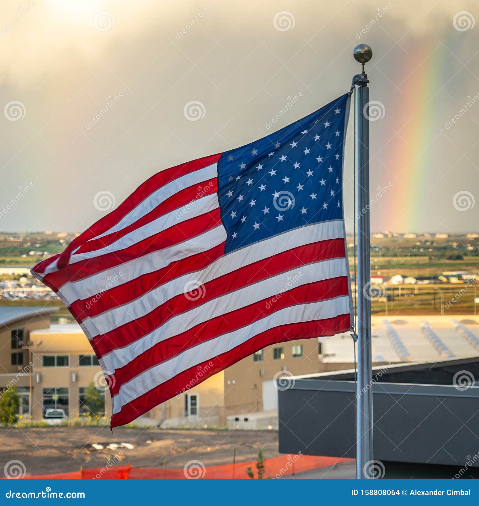 American Flag With Rainbow In The Background Stock Photo Image of