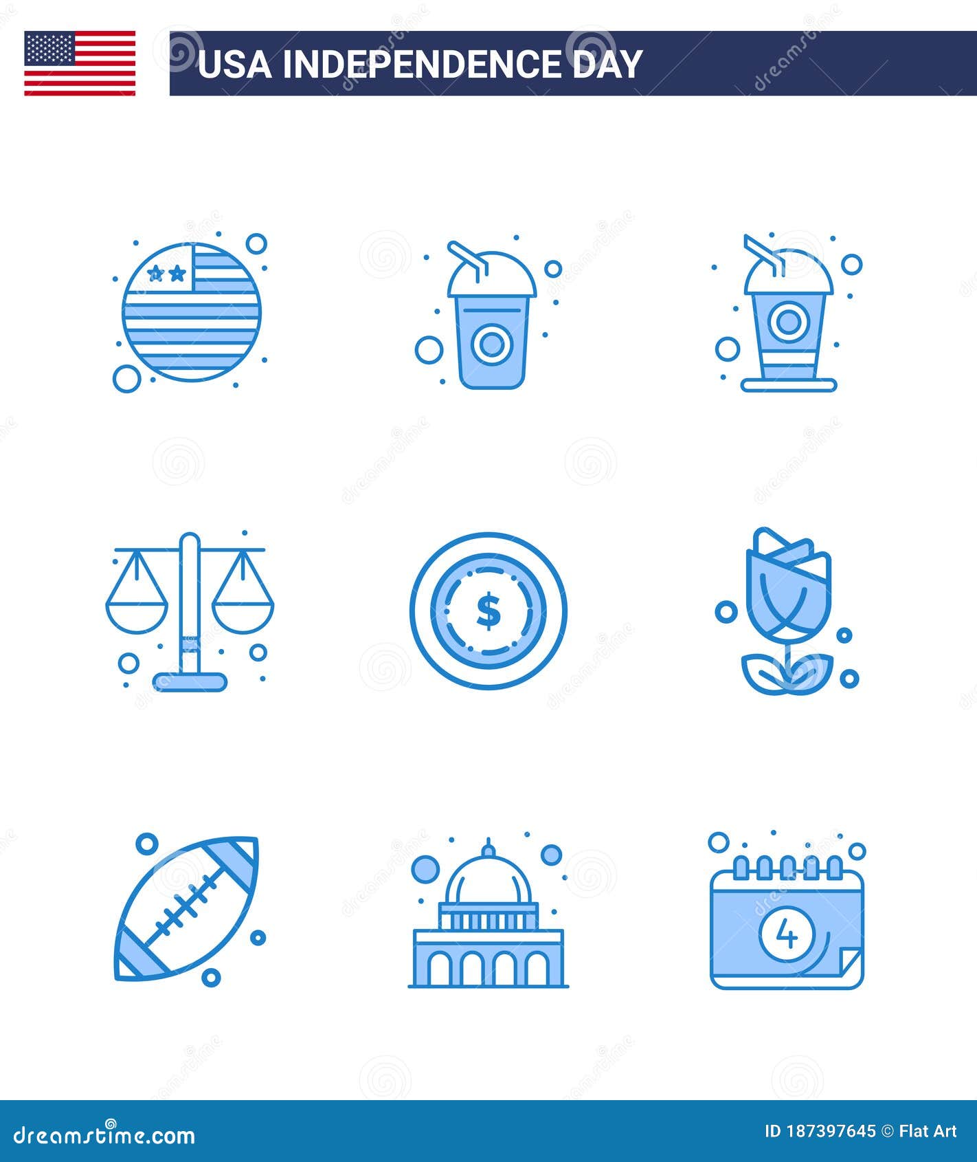 usa happy independence daypictogram set of 9 simple blues of plent; imerican; justice; flower; dollar