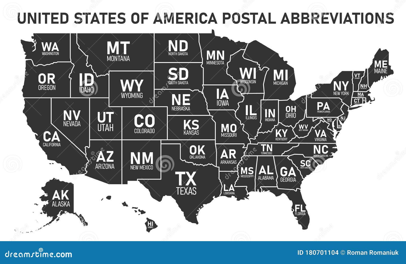 usa map with borders and abbreviations for us states. black color states with white inscriptions. flat style 