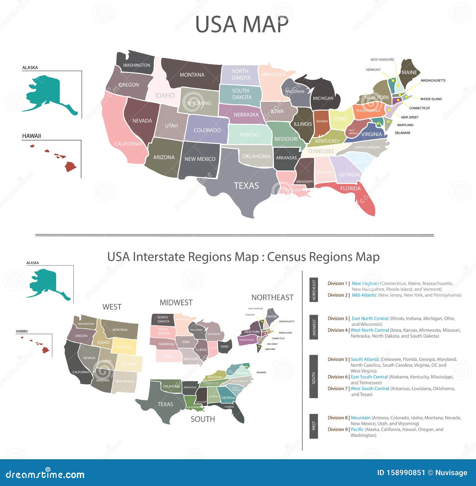 usa map  graphic with census regions interstates map pastel colours tone