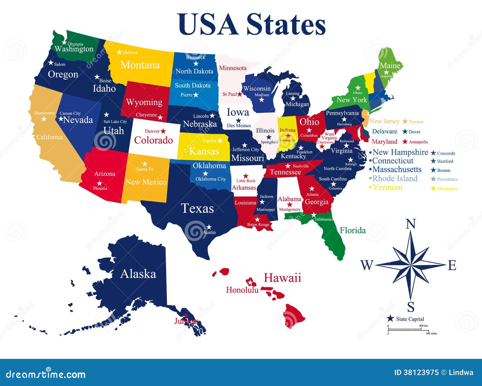 USA Mapa Z Stanami I Stolicami Ilustracja Wektor - Ilustracja zΕoΕΌonej