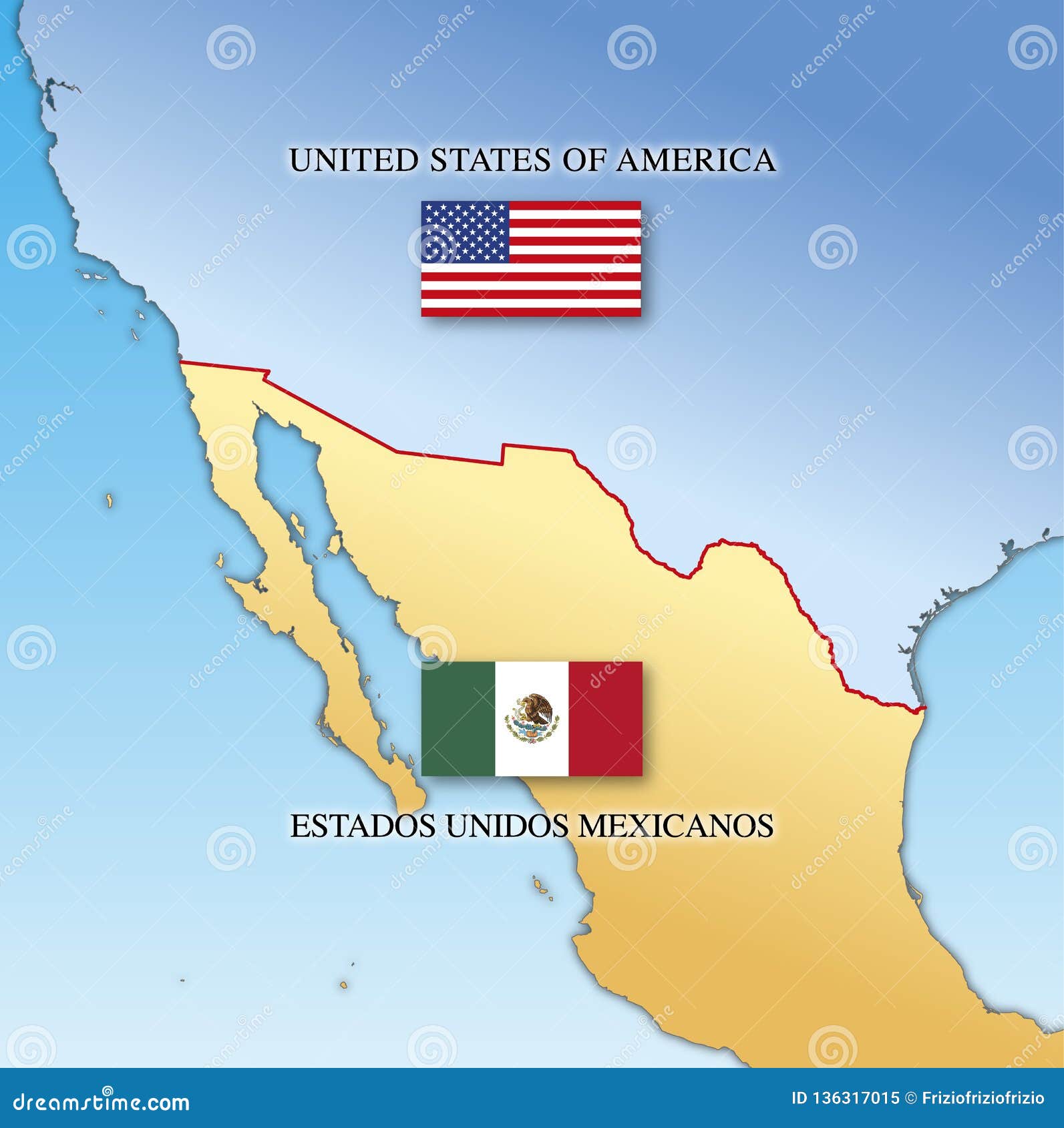 usa and mexico border map with national flags