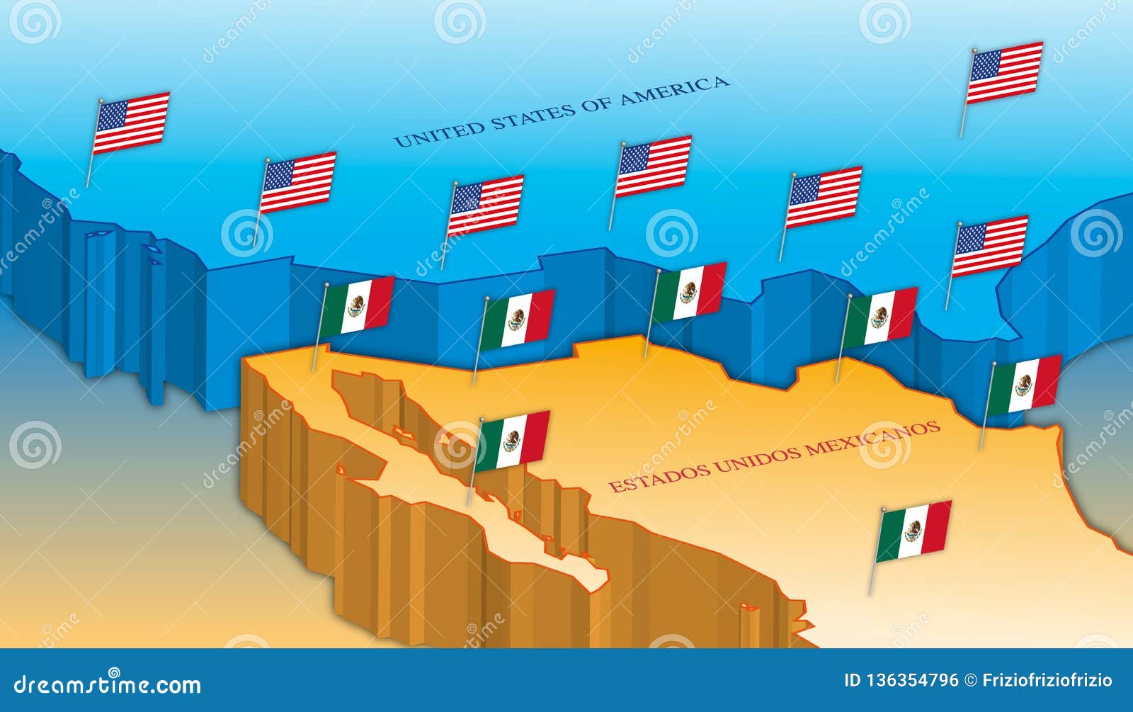 usa and mexico border map with national flags