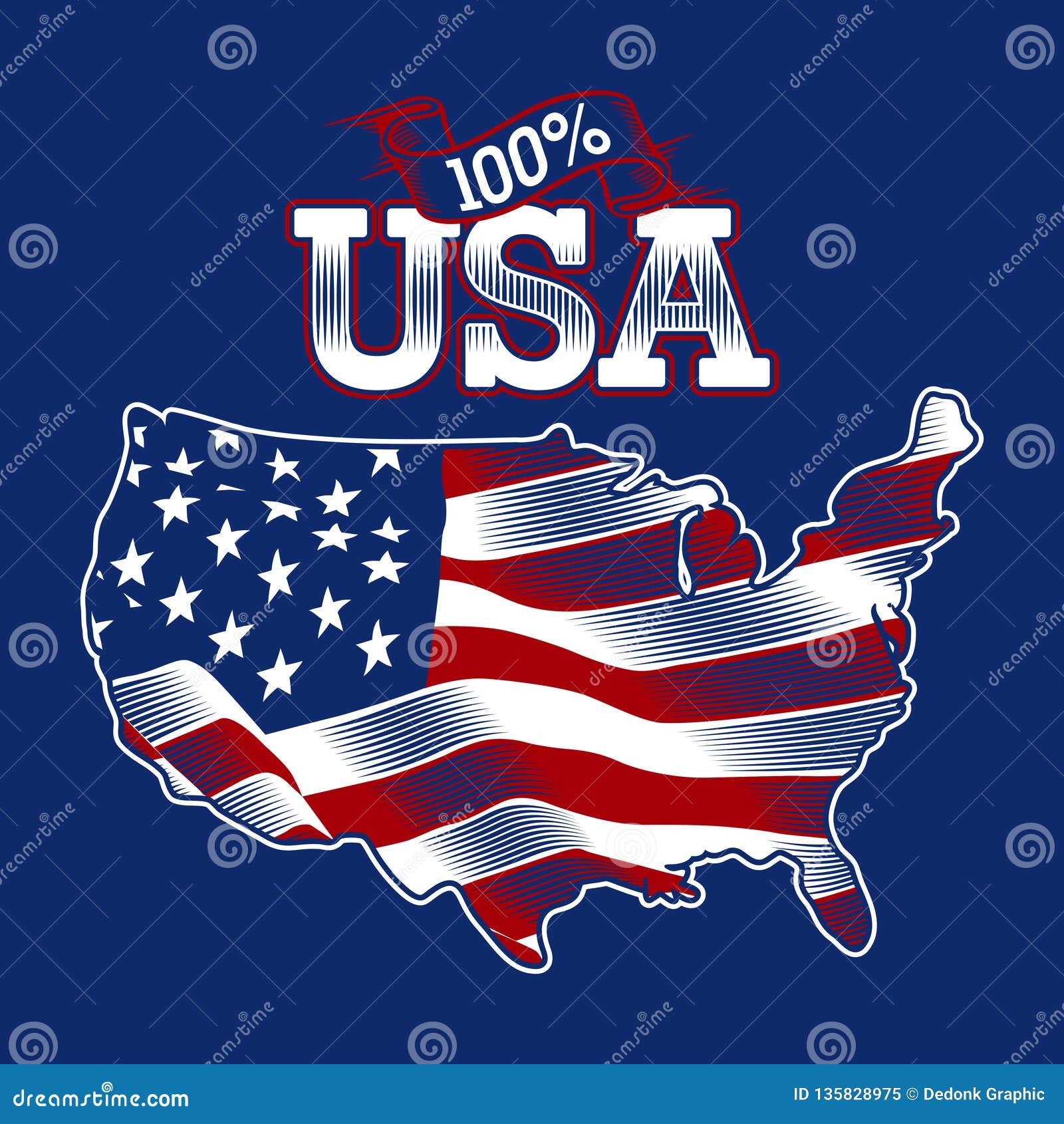 100% usa with silhouette usa map and flag inside