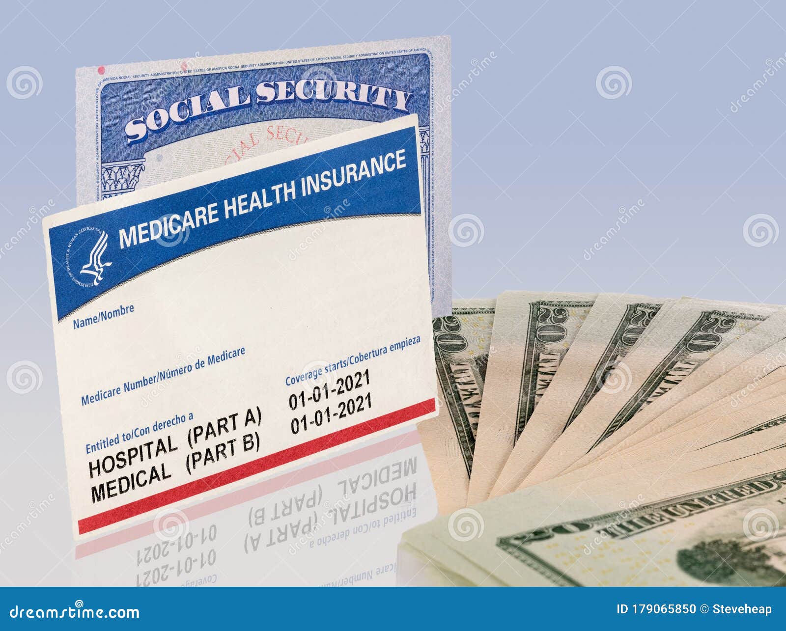 usa social security card with medicare and us dollars to illustrate budget crisis