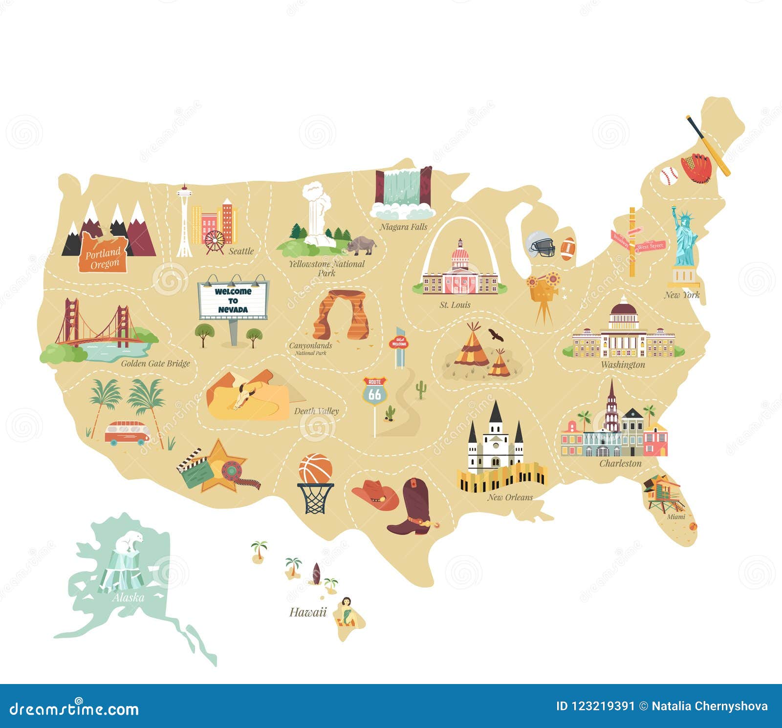 Usa Tourist Vector Map With Famous Landmarks Stock Vector