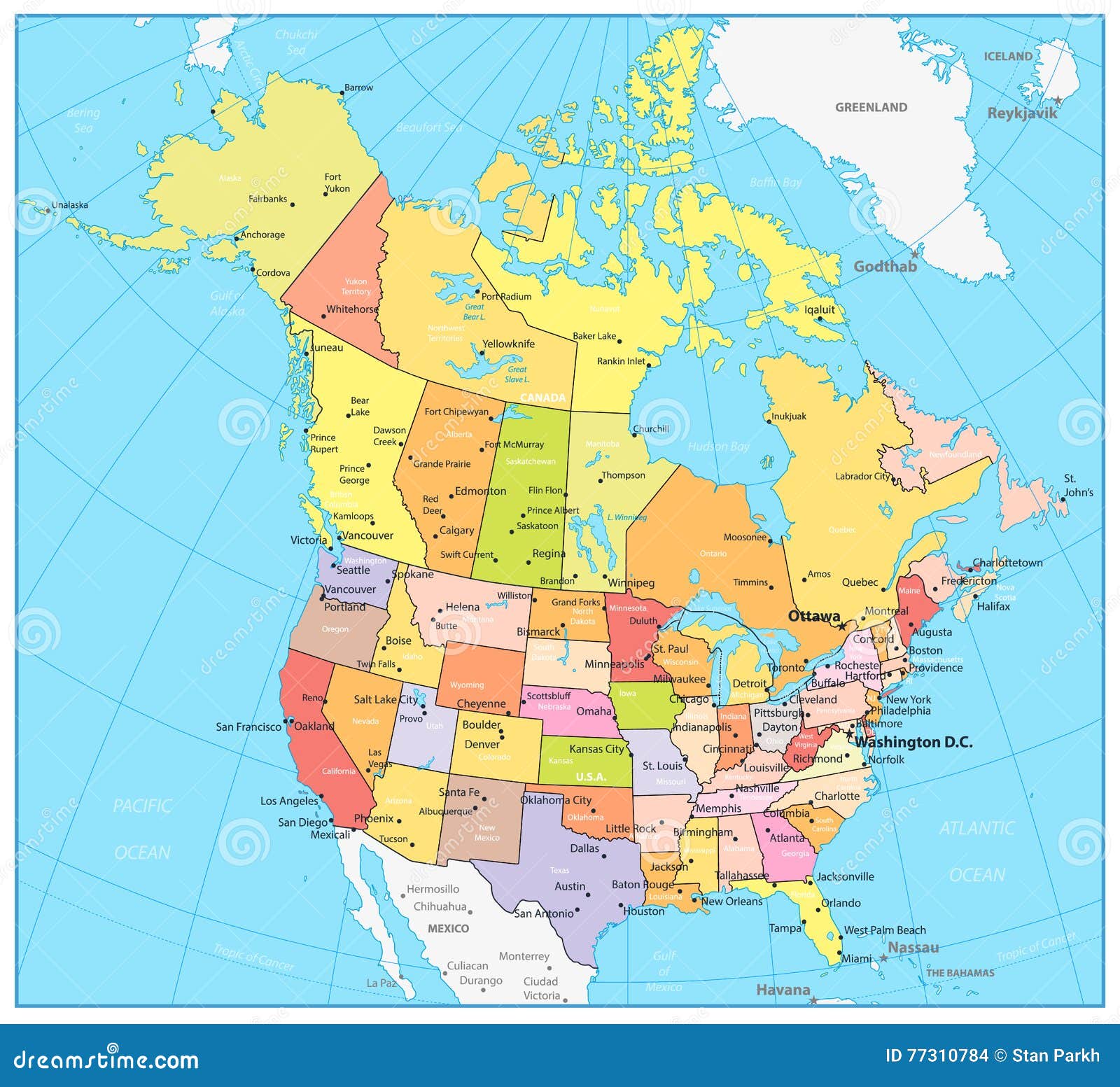 Usa Und Grosse Ausfuhrliche Politische Karte Kanadas Vektor Abbildung Illustration Von Mexiko Amerika 77310784