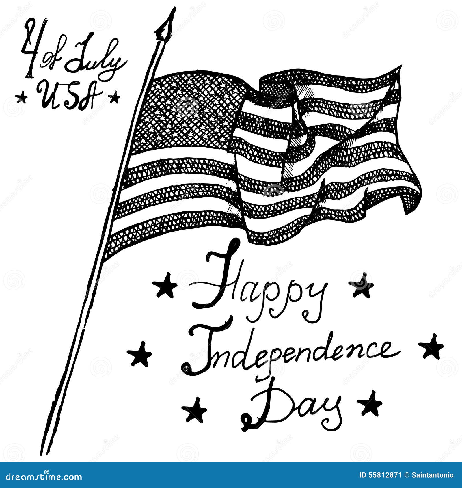 usa waving flag american symbol forth july hand drawn sketch text happy independence day vector illustration white 55812871