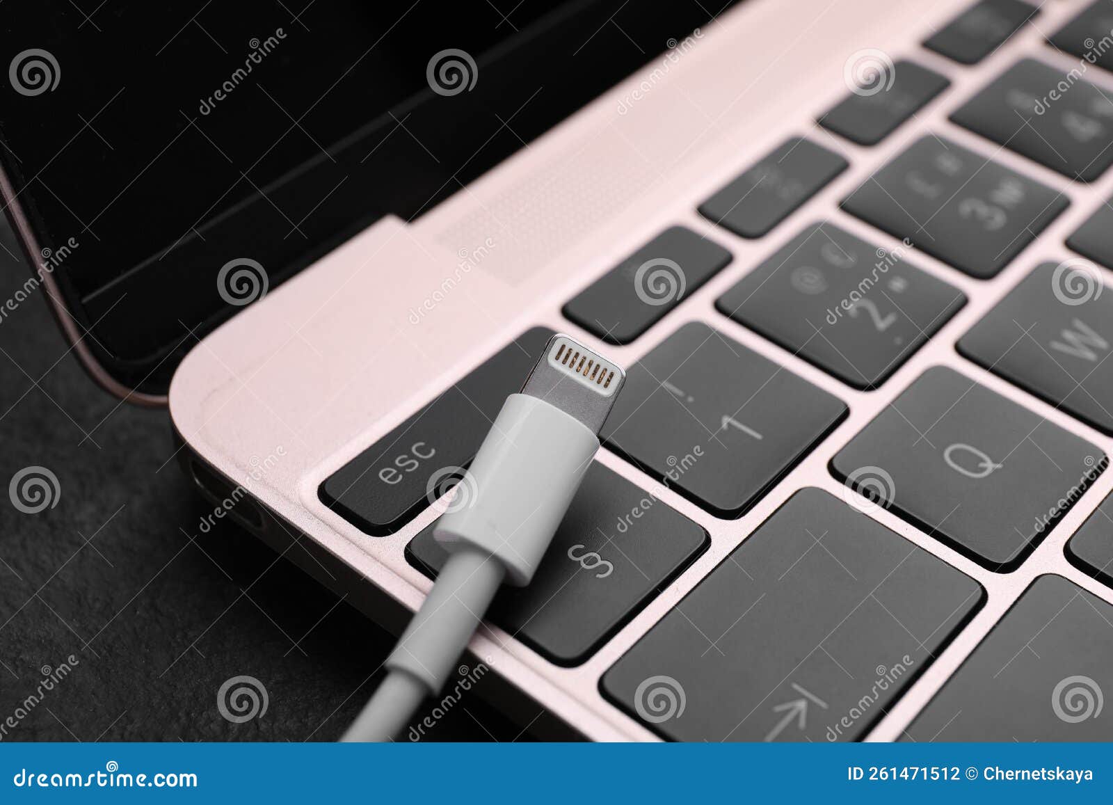 USB Cable with Lightning Connector and Laptop on Black Slate Table