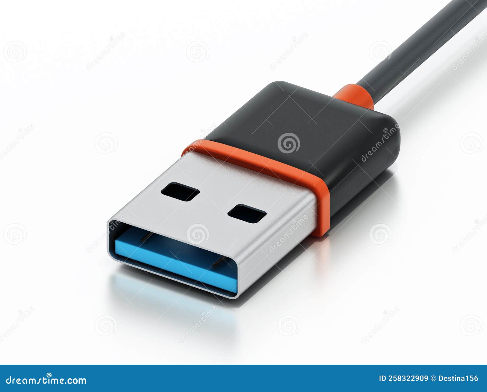USB Cable and Plug Isolated on White Background. 3D Illustration Stock