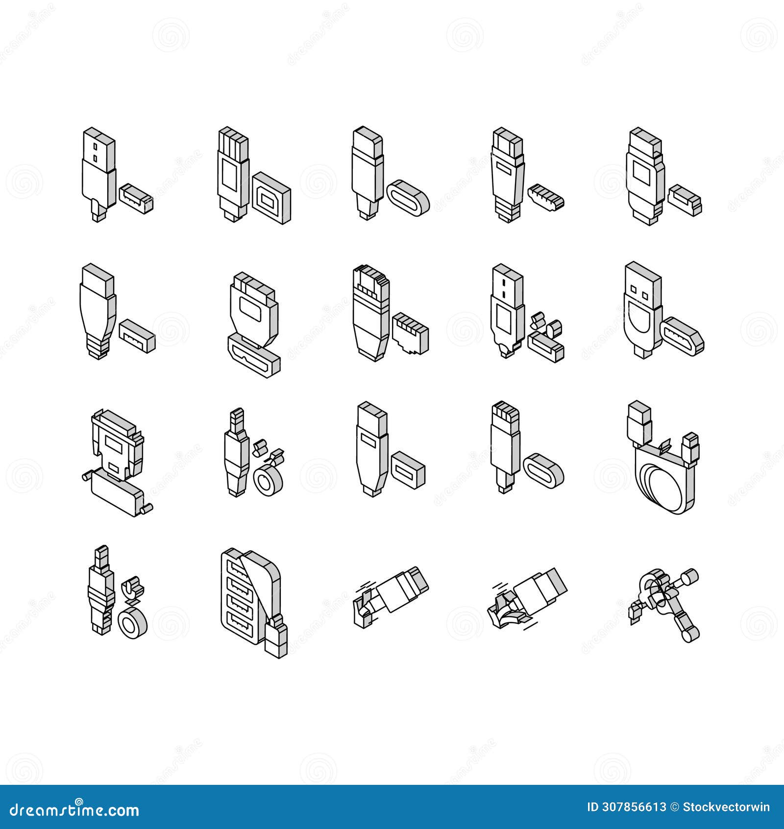 usb cable and port purchases isometric icons set 