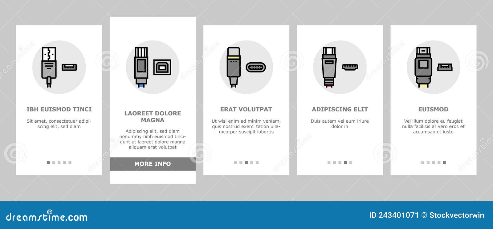 usb cable and port purchases onboarding icons set 