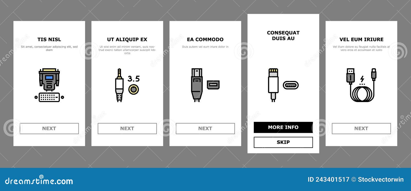 usb cable and port purchases onboarding icons set 
