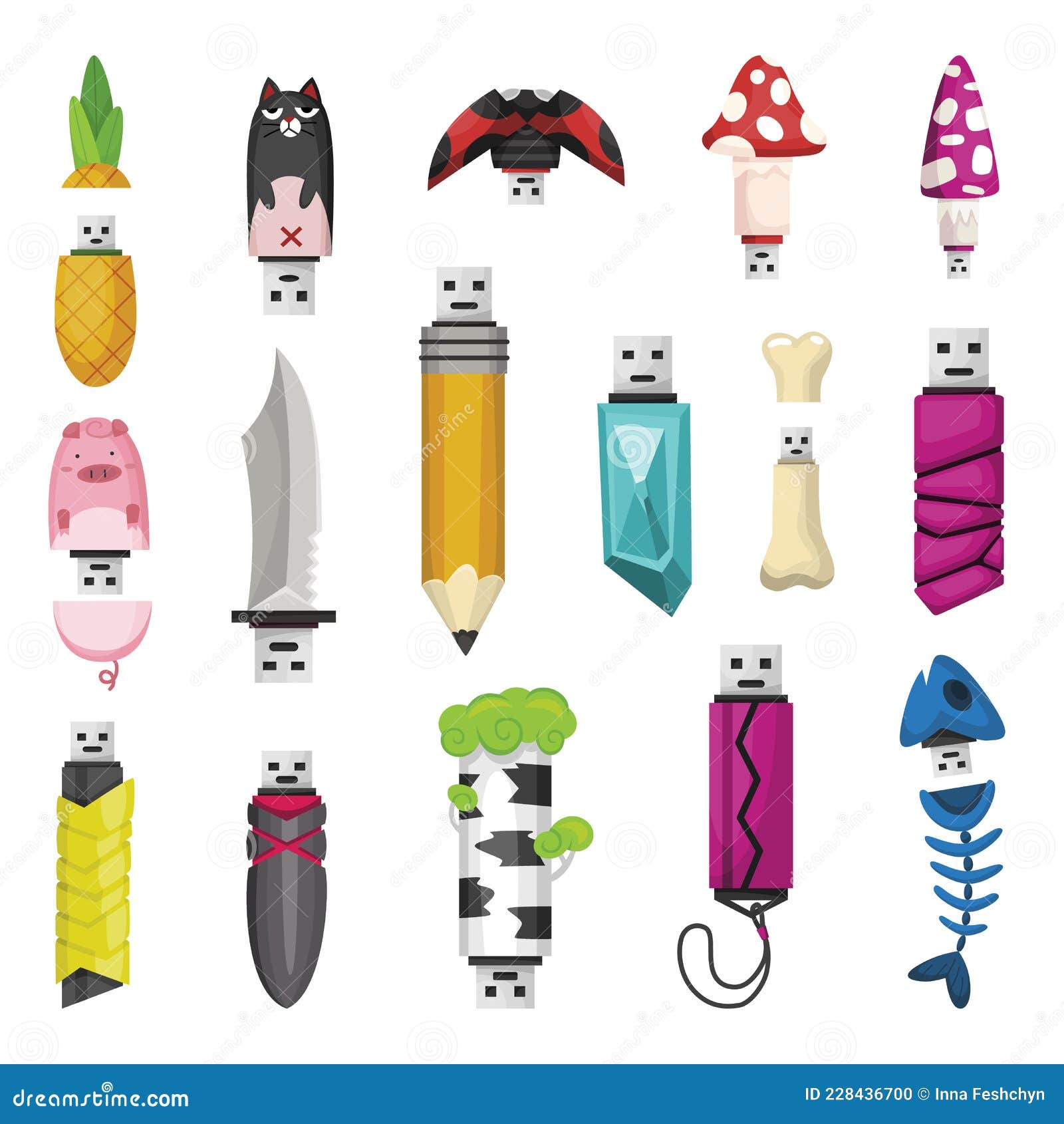 USB Flash Drive Icons Set. Cartoon Symbols Stock Vector Illustration