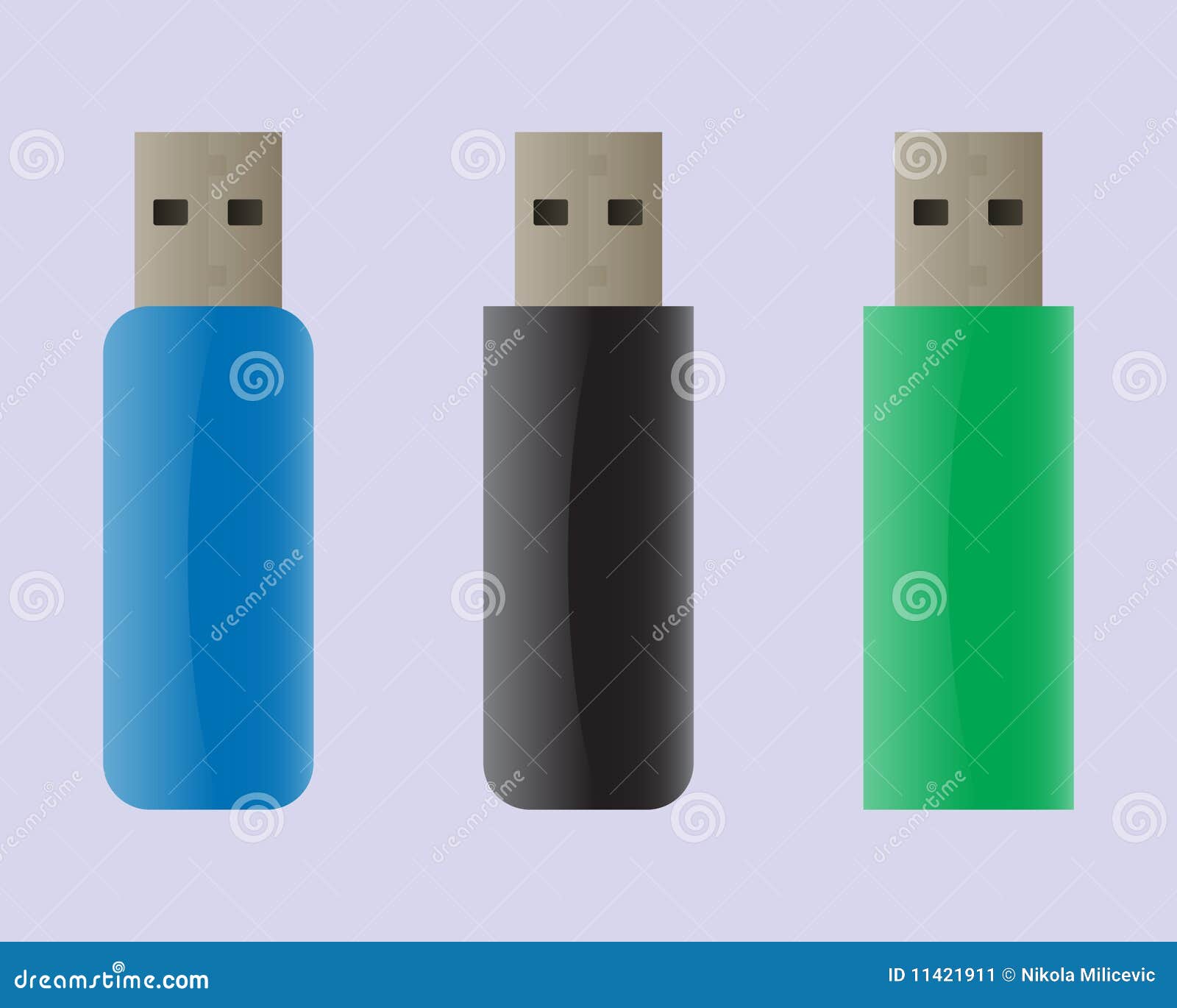 USB flash drives. Illustration of 3 various USB keys