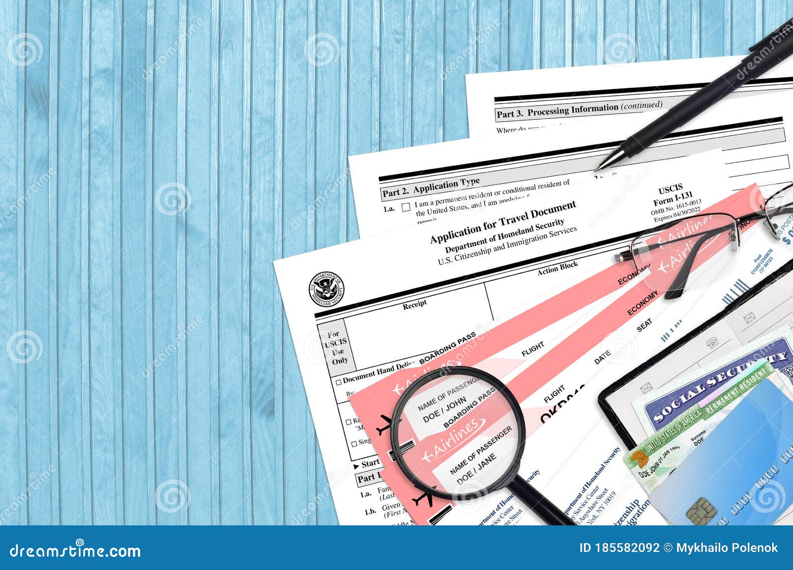 USCIS Form I131 Application for Travel Document Lies on Flat Lay