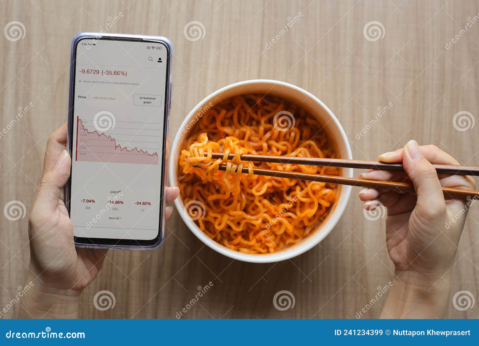 Use Chopsticks Eating Noodles while Using Mobile Phone Monitor
