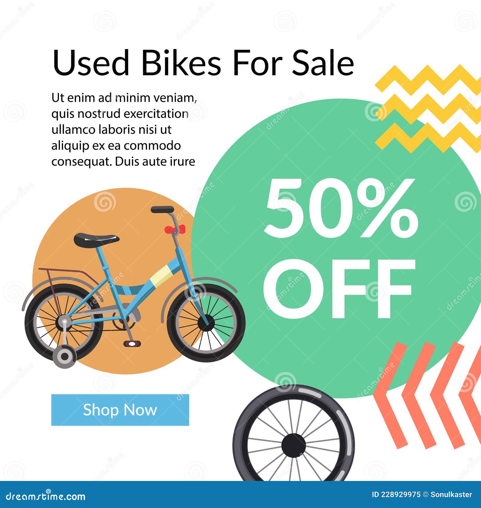 Used Bikes for Sale, 50 Percent Off Price in Shop Stock Vector