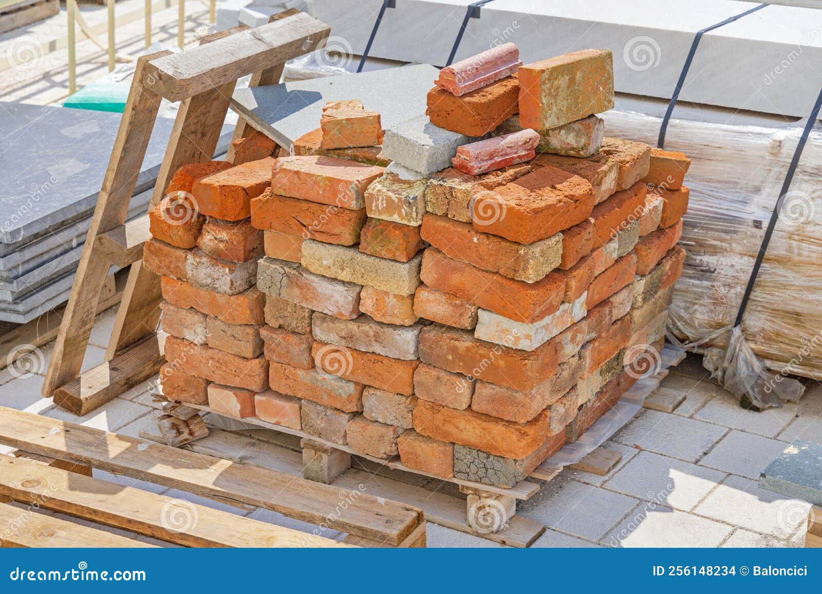 Used Bricks Pallet stock photo. Image of environment 256148234