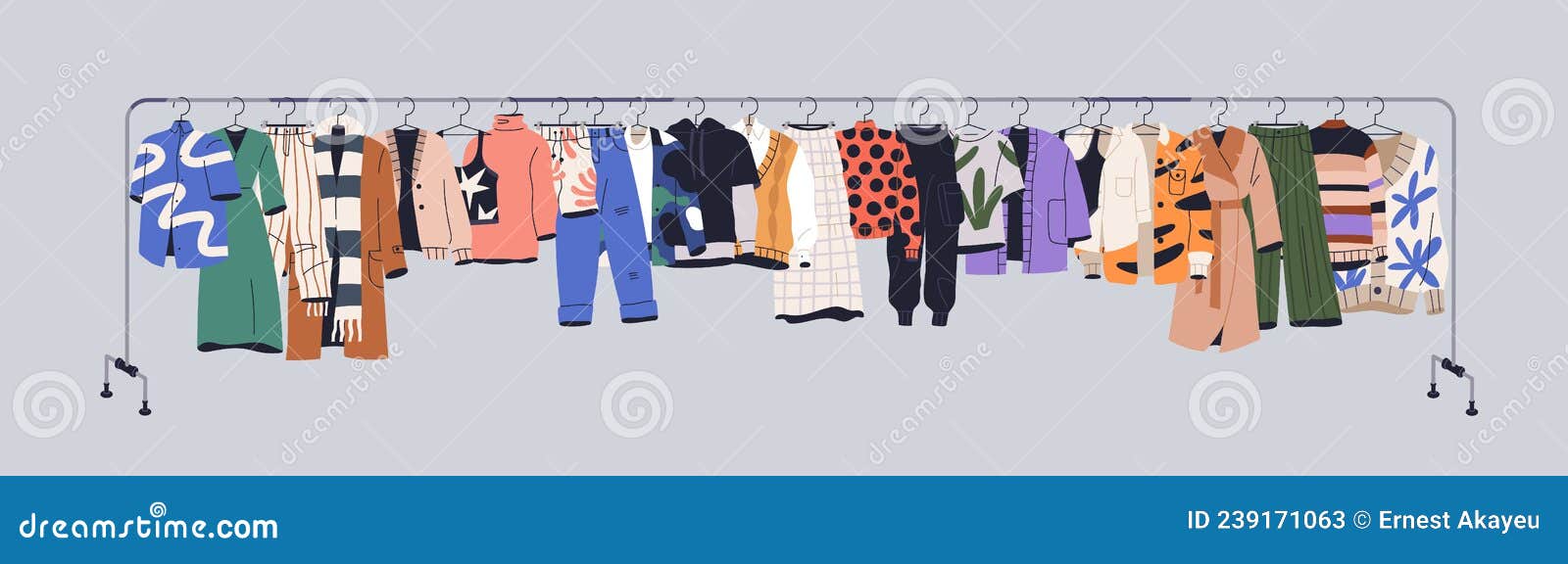 used clothes on racks, hanging on secondhand store hanger rail. garments mix on sale. apparel leftovers assortment in
