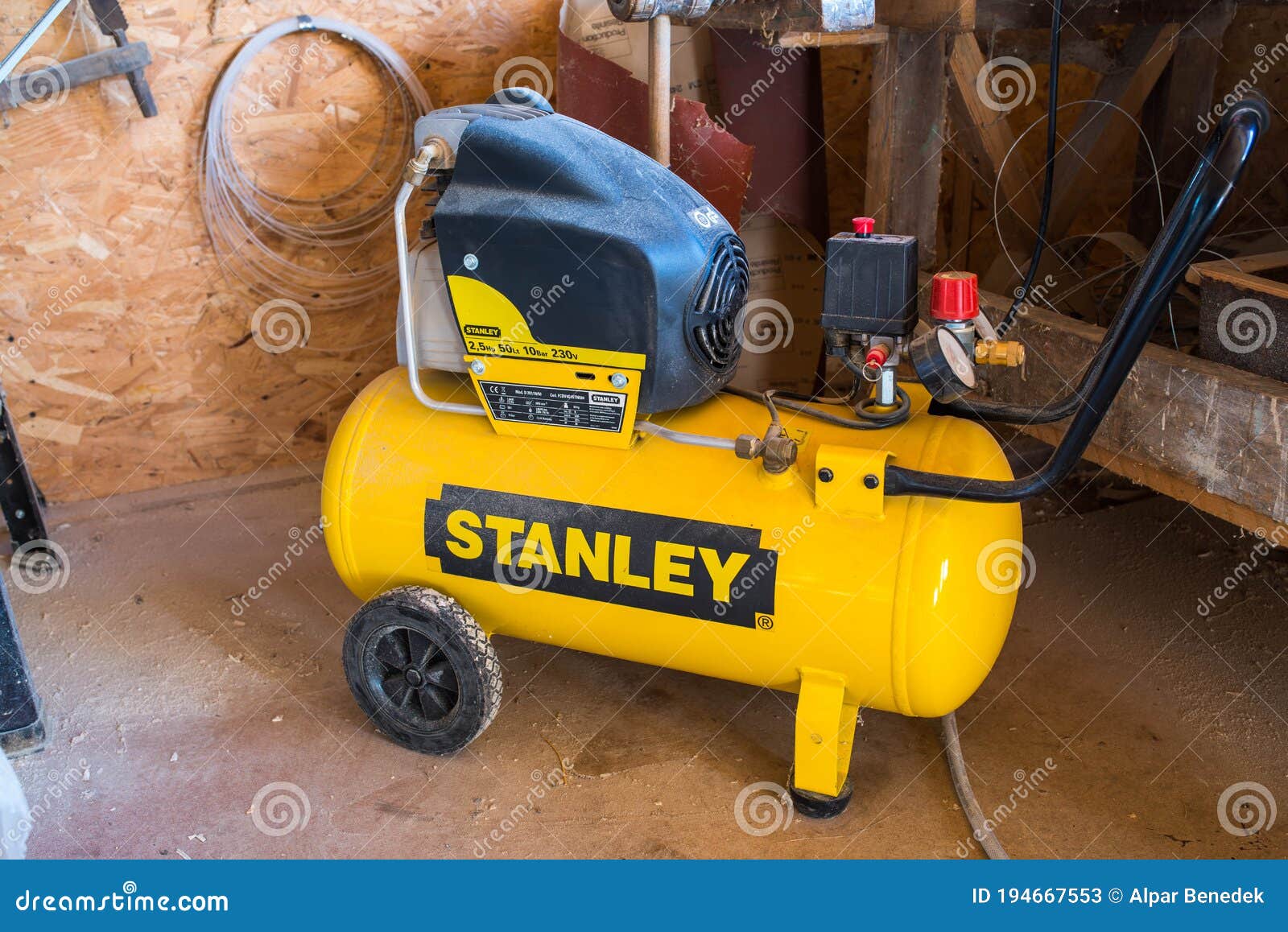 Used Dirty Stanley Air Compressor in a Small Woodworking Shop. Editorial  Stock Photo - Image of cylinder, instrument: 194667553