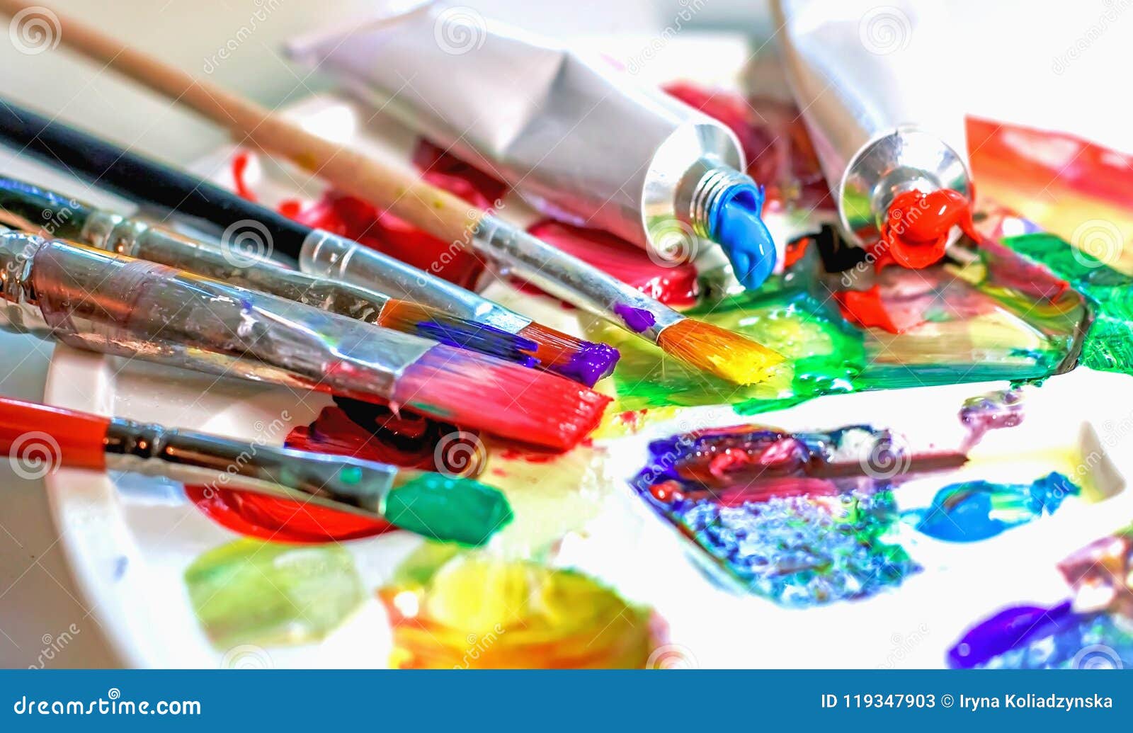 Art Brushes and Paints for Painting on the Used Palette with Paints  Close-up. Stock Image - Image of crop, brushes: 119347881