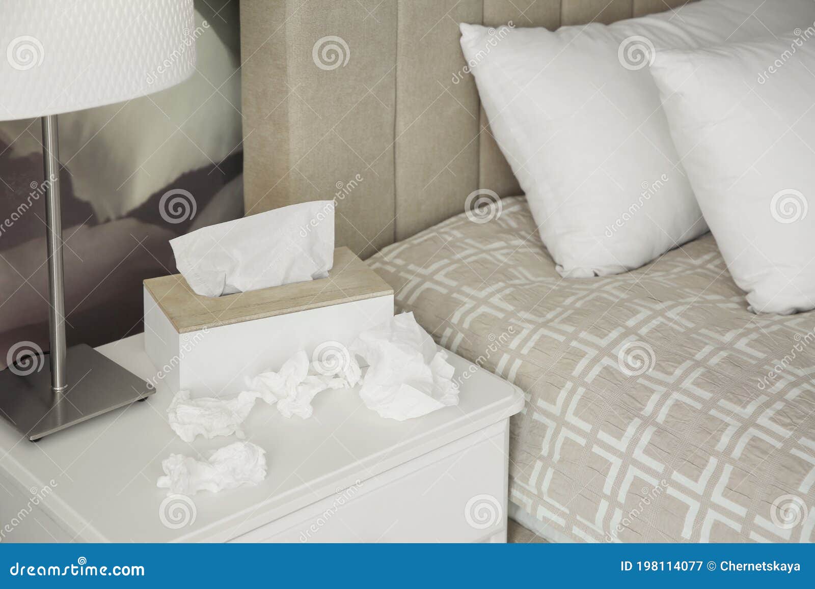 Used Paper Tissues and Holder on Table in Bedroom Stock Image Image
