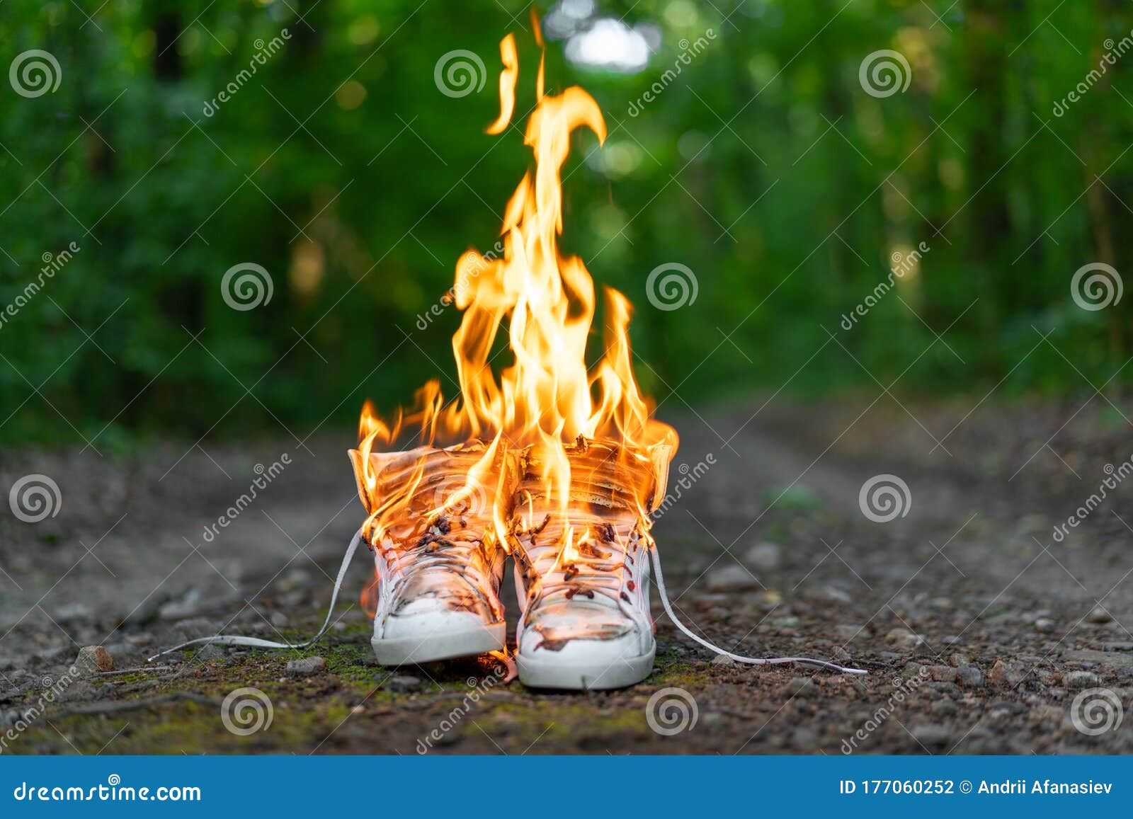 Used White High Sneakers Burning on a Rural Road that Runs in the ...