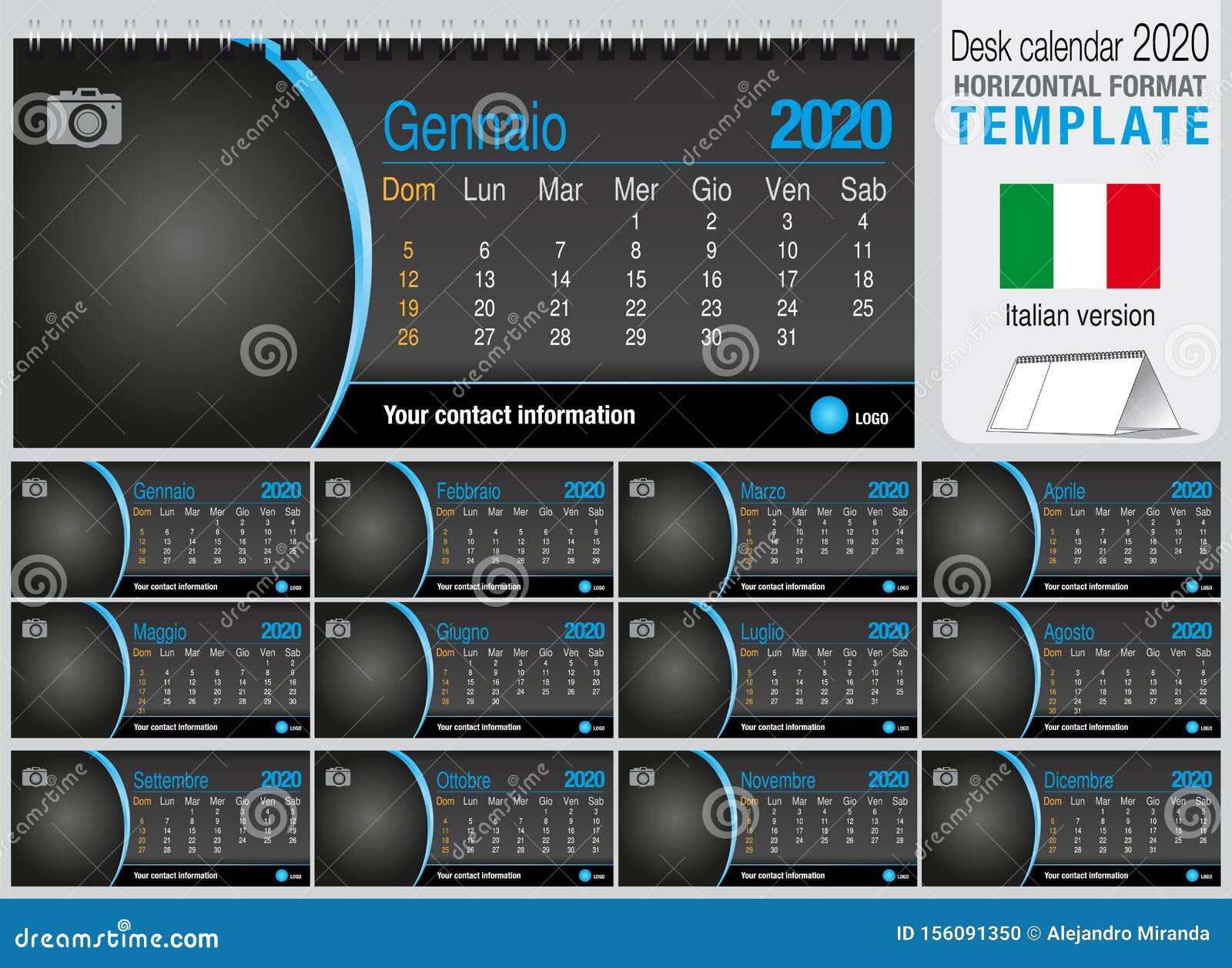 Useful Desk Triangle Calendar 2020 Template on Black Background, with
