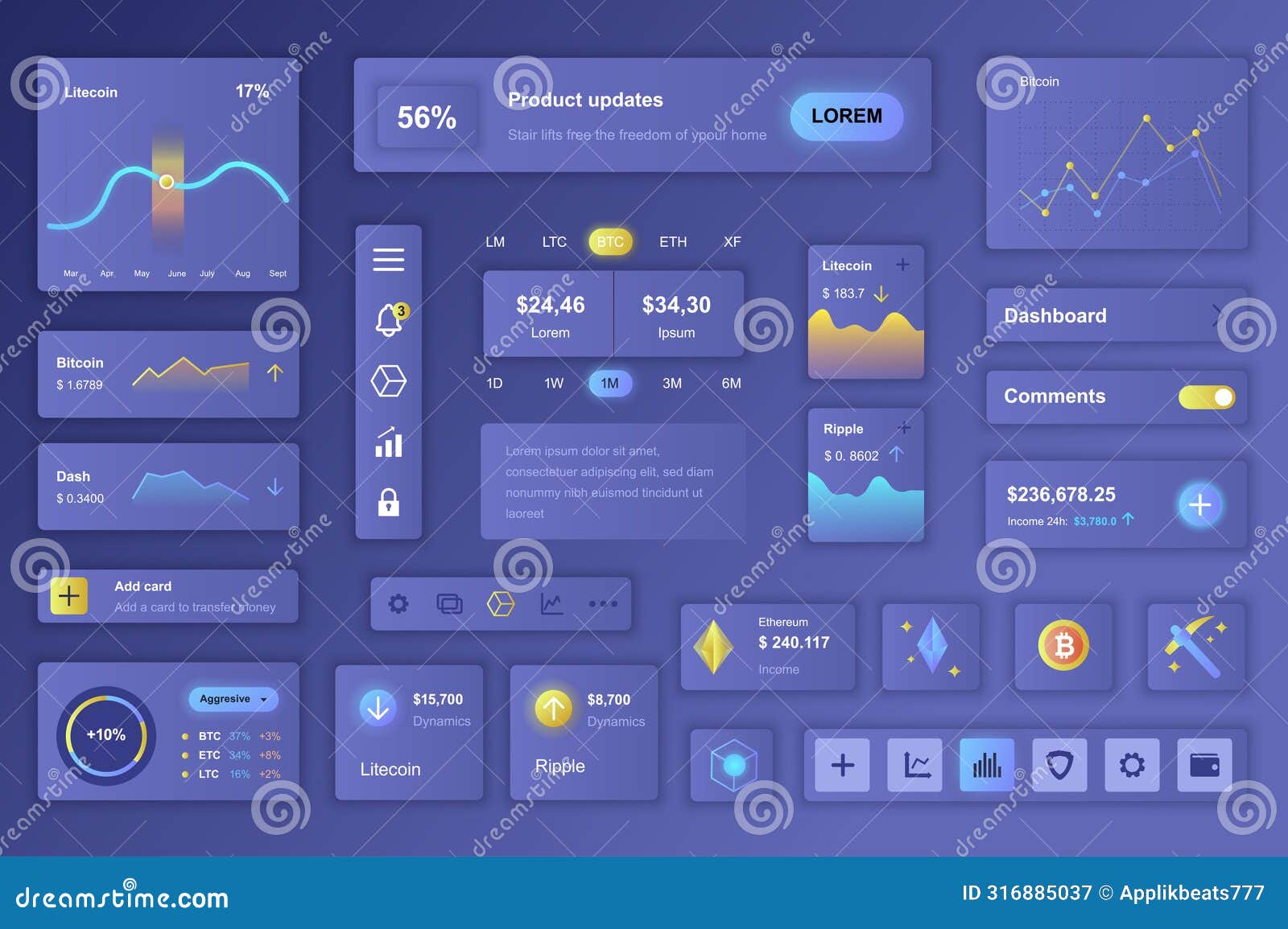 User Interface Elements Set for Cryptocurrency Mobile App or Web. Kit  Template with HUD, Finance Statistics, Trading Data, Bitcoin Stock Vector -  Illustration of layout, income: 316885037
