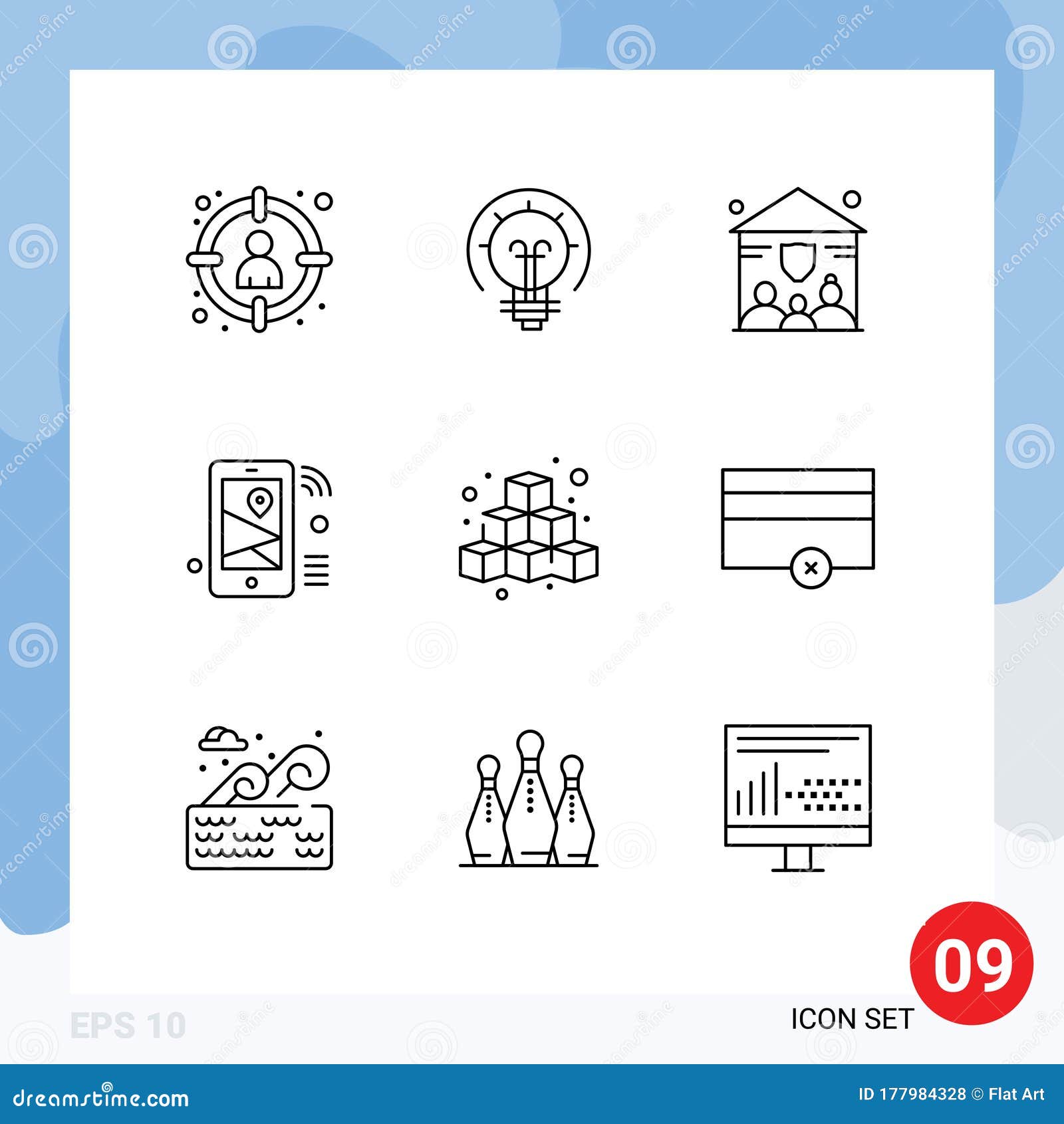 9 user interface outline pack of modern signs and s of cubes, share, solution, location, internet