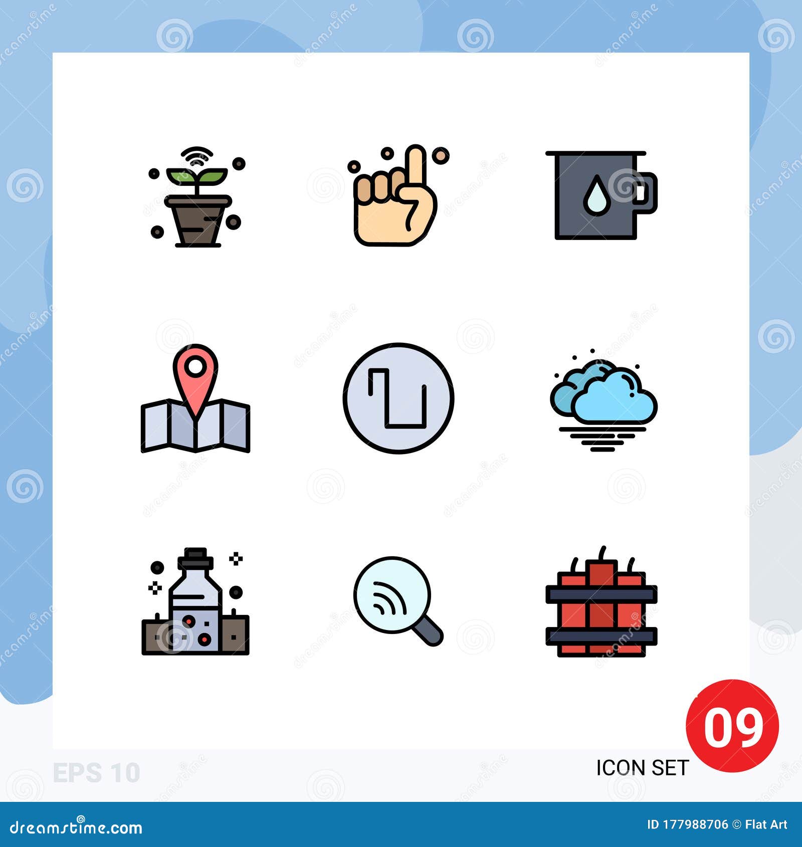 user interface pack of 9 basic filledline flat colors of wave, sound, belive, journey, location