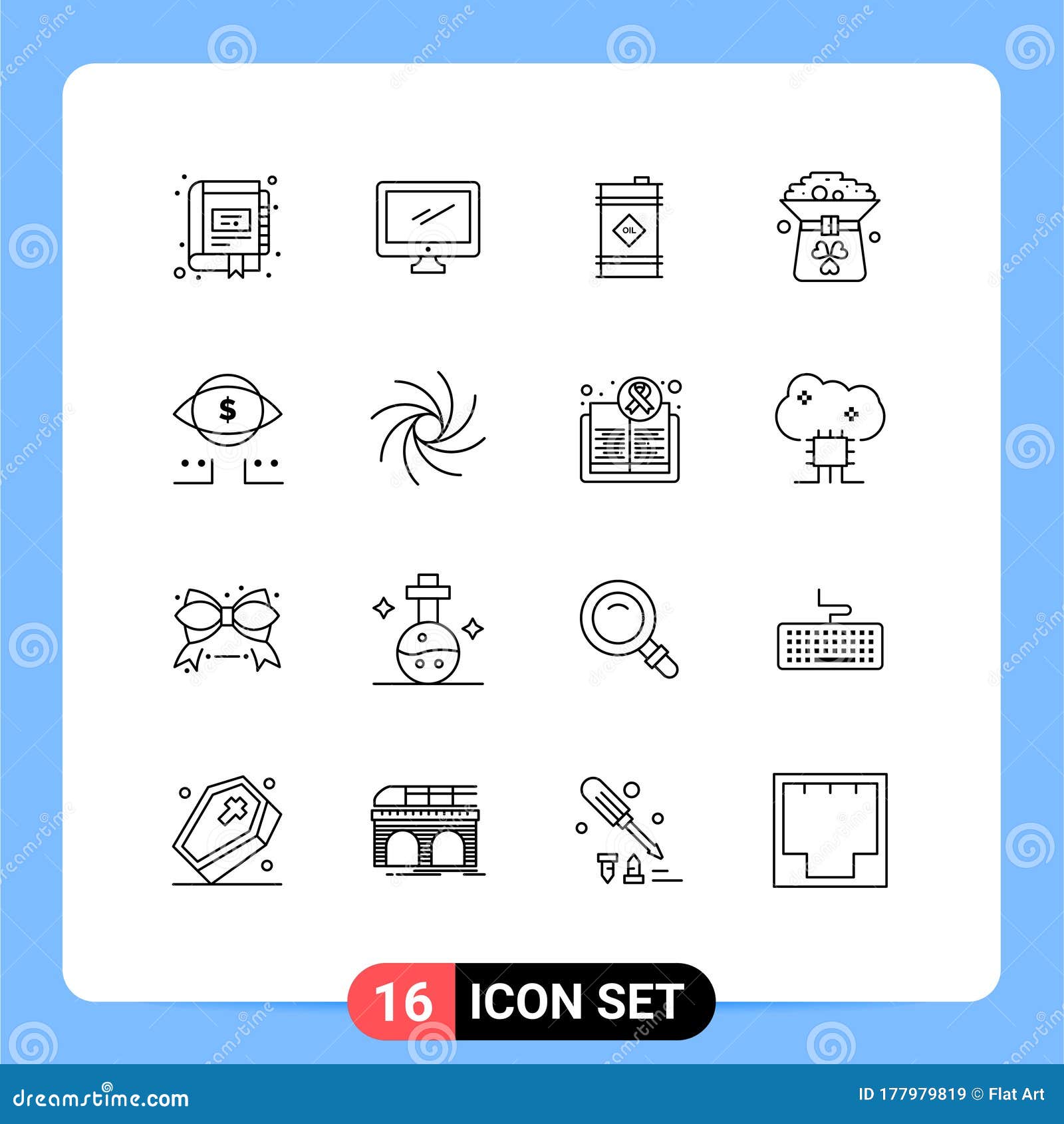 user interface pack of 16 basic outlines of hat, coin, imac, clover, oil barrel