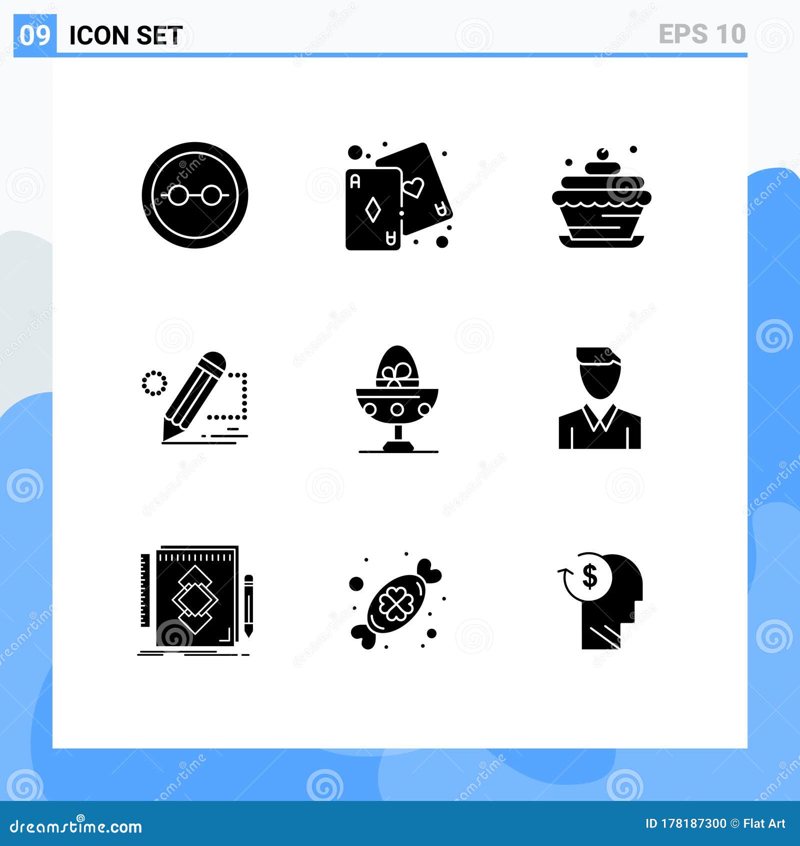 9 user interface solid glyph pack of modern signs and s of draw, painting, play, darwing, cupcake food