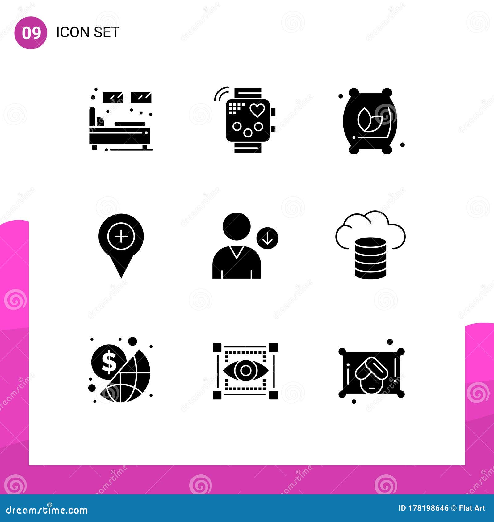 9 user interface solid glyph pack of modern signs and s of pin, map, heartbeat, location, flour sack