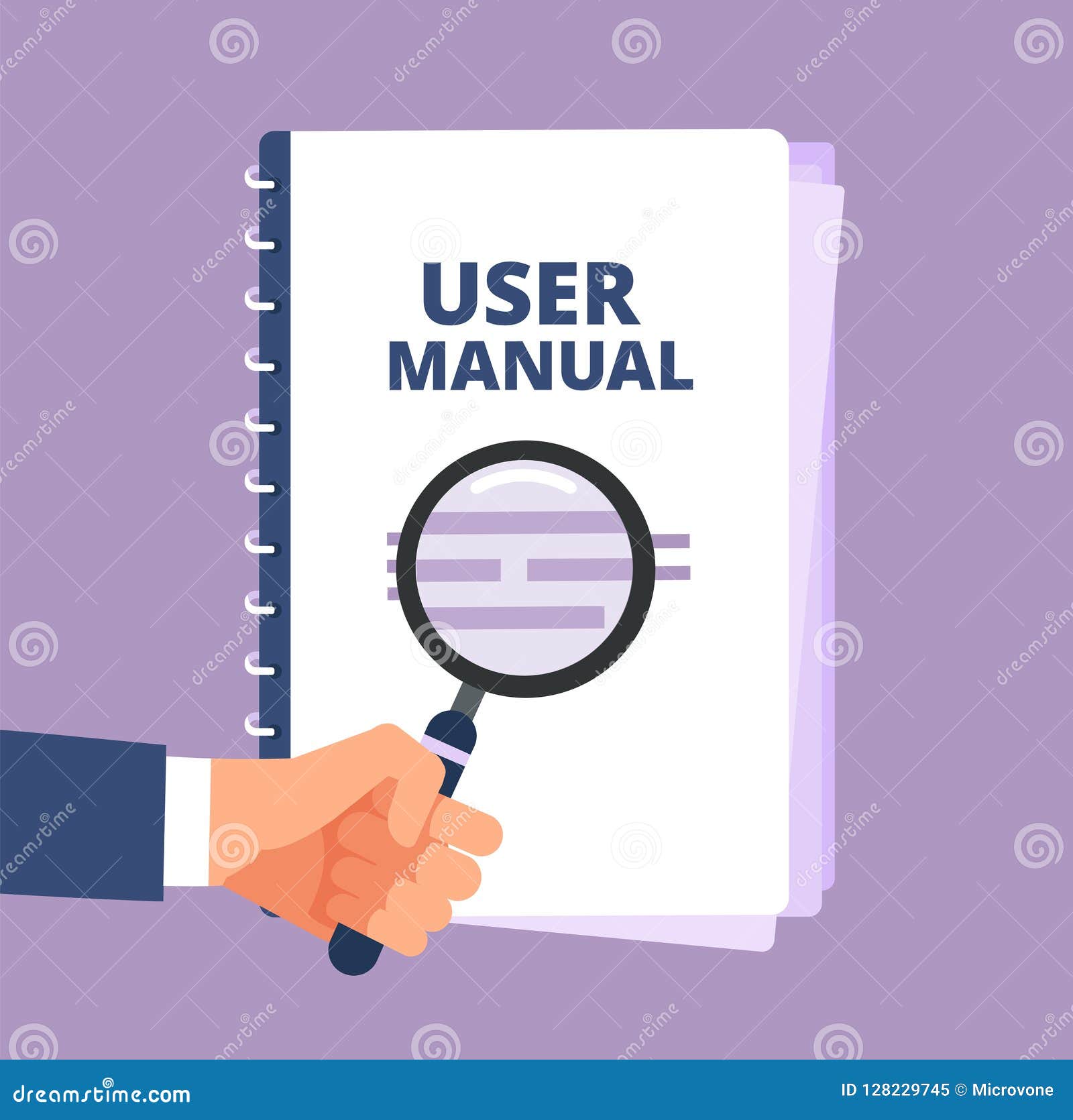 user manual with magnifying glass. user guide document and magnifier. handbook, handbook, instruction and guidebook