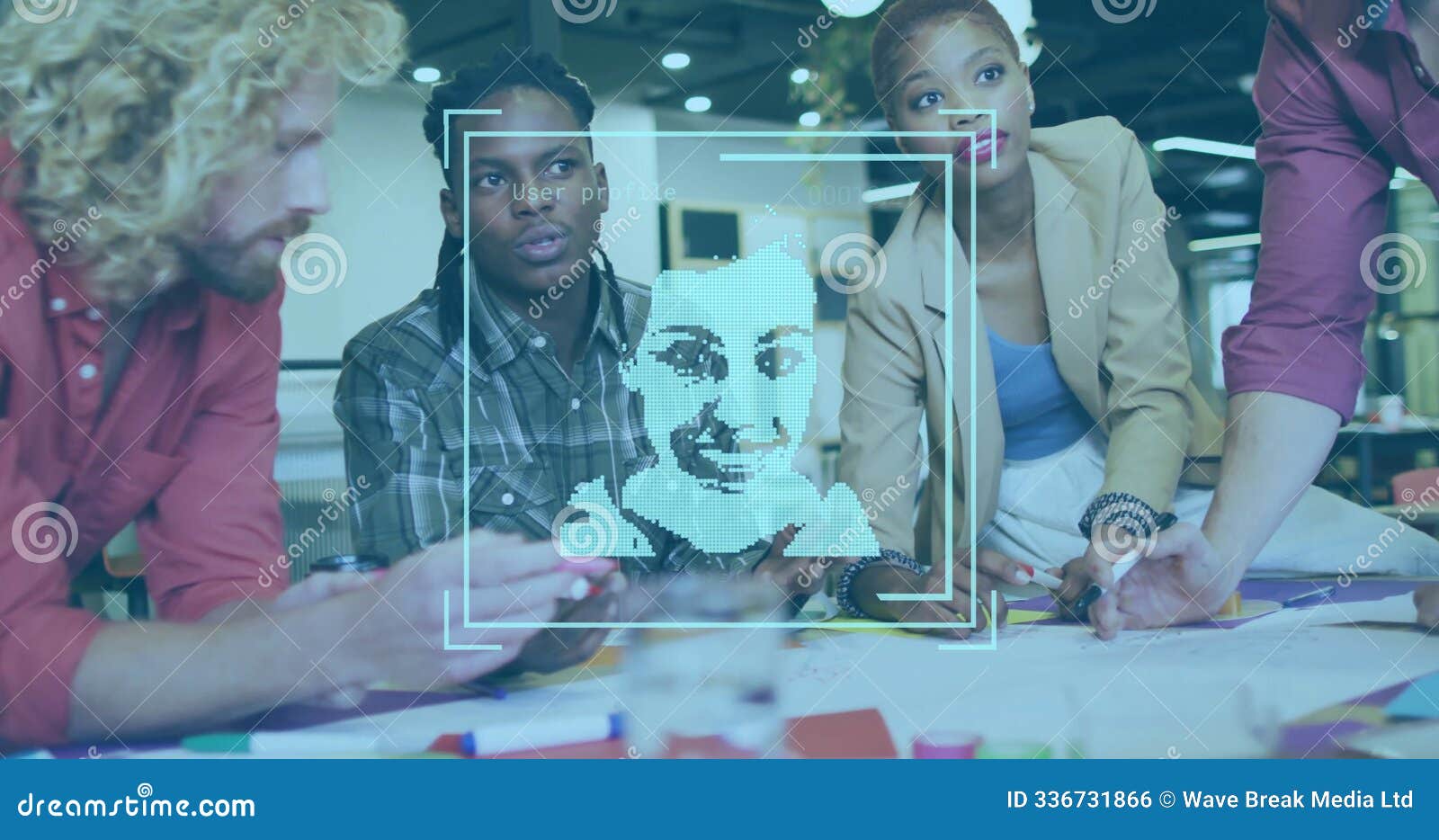 user profile image over diverse business team collaborating on project