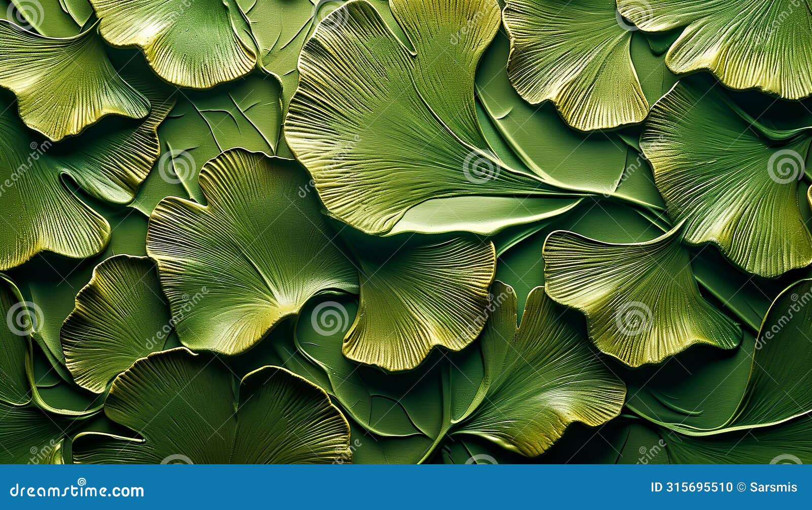 ush ginkgo biloba leaves overlapping on vibrant green background